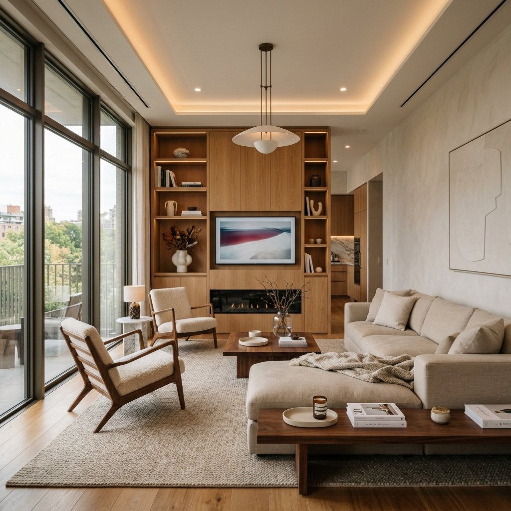 Luxury warm minimalist interior living room by Miraki Builders